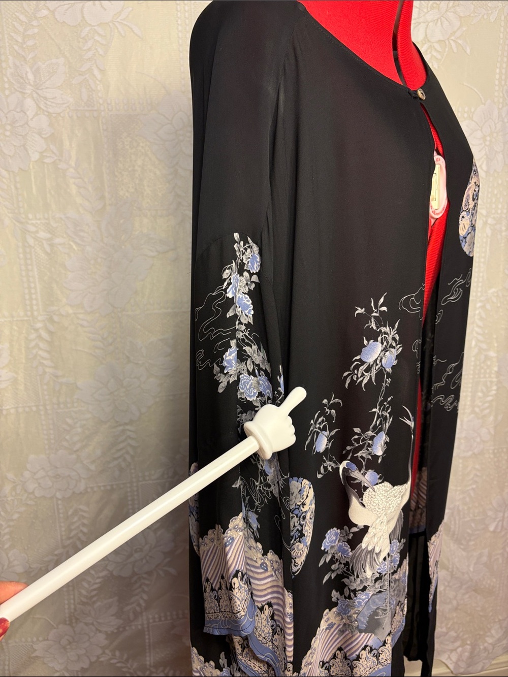 Citron 100% Silk Black Crane Floral Kimono Jacket Duster *has a few Small Snags - Picture 7 of 16